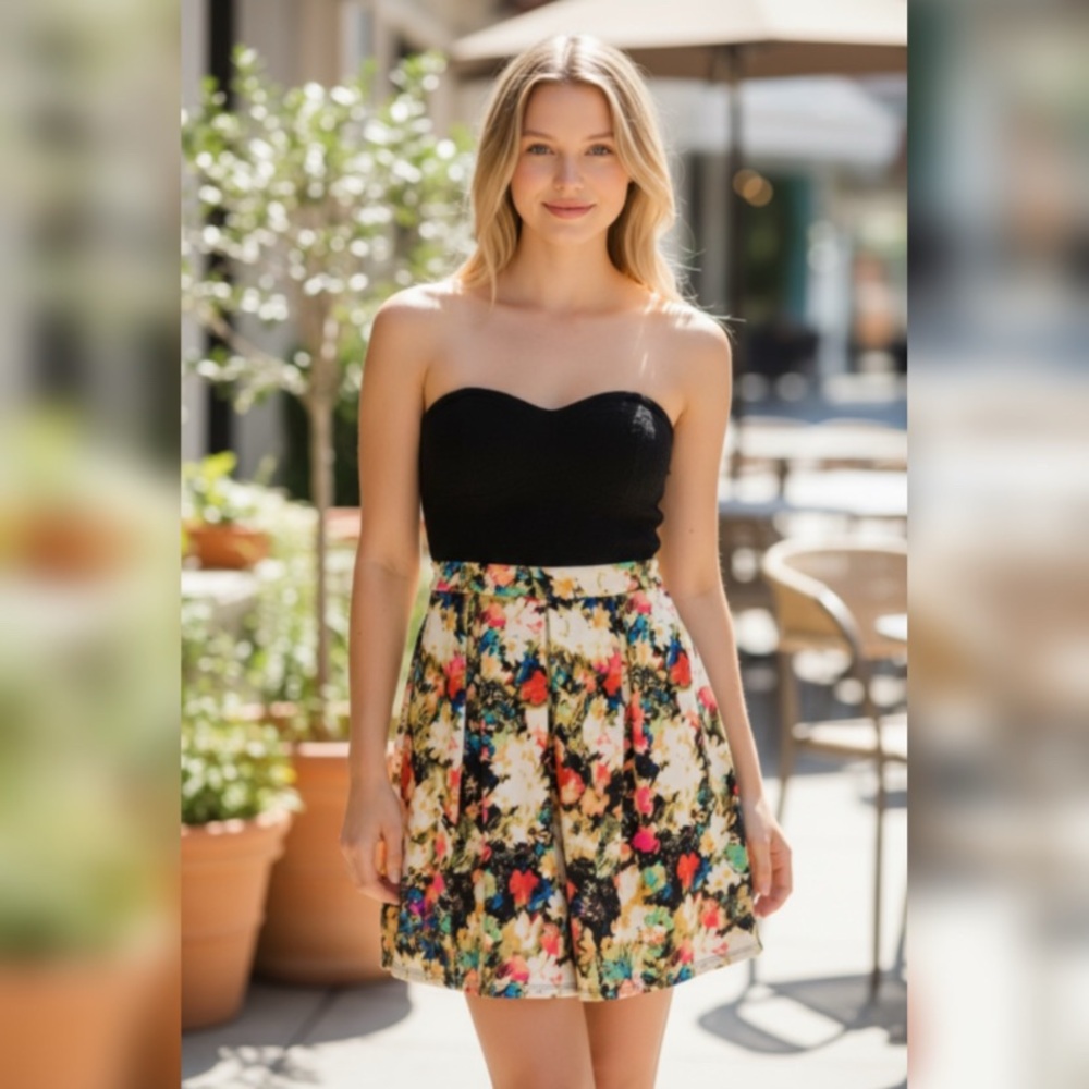 Woman’s dress with floral Skirt with black strapless top